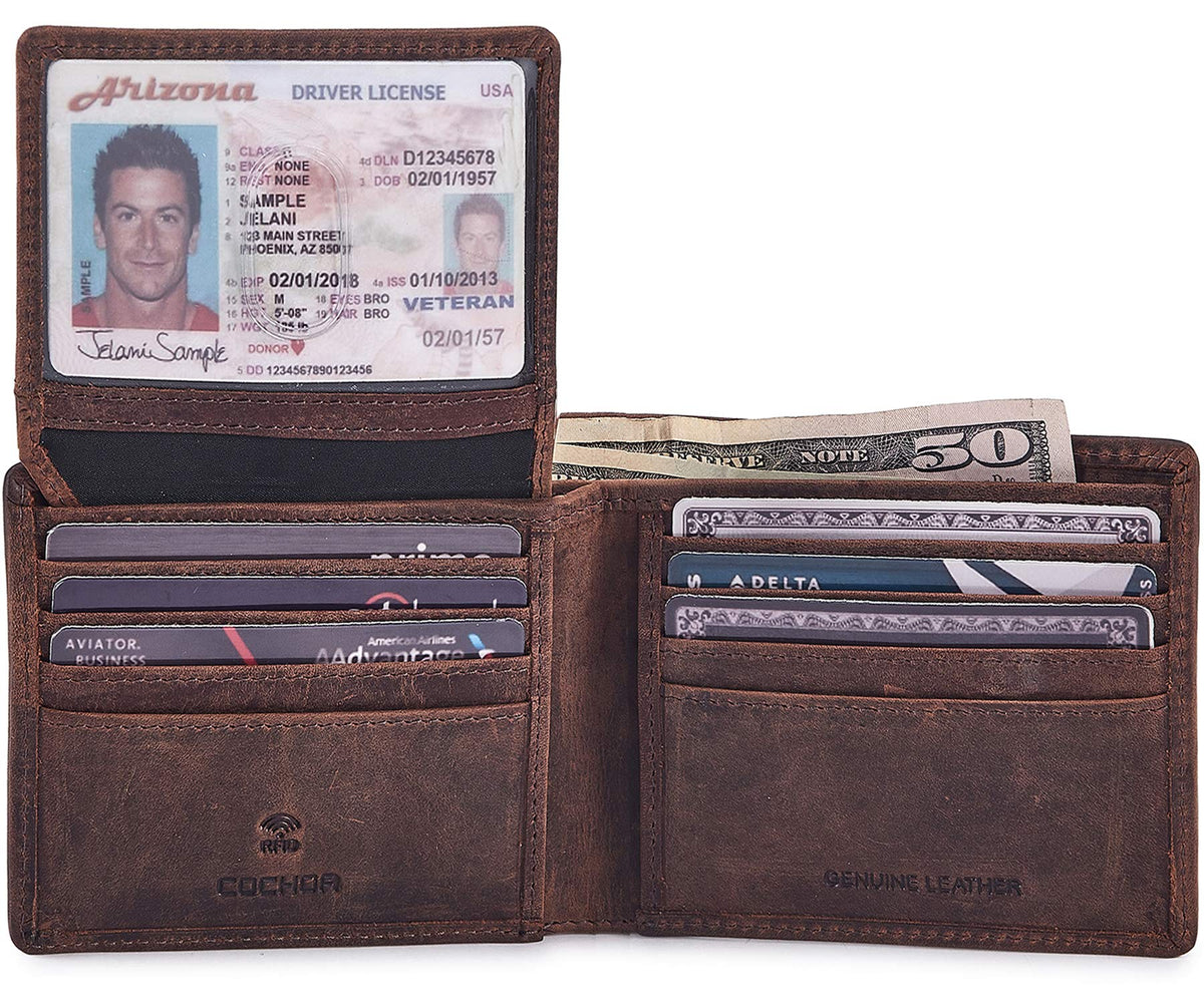 Wallet for Men Slim RFID Blocking Leather Bifold Minimalist 2 ID Windows Gift Box Carteras Para Hombres (CRAZY HORSE, COGNAC)