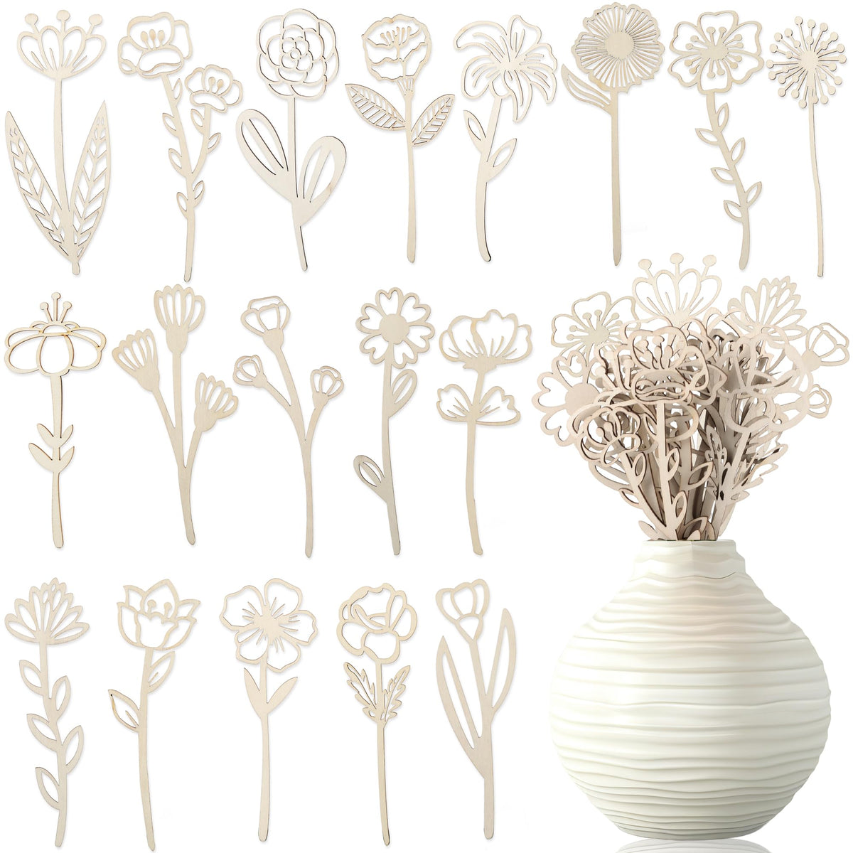 54 Pcs Wooden Wildflower Decor Wood Floral Cutouts for Crafts Wood Flowers Cutout Laser Cut Flowers for Mom's Birthday Gift Home Art DIY Decoration