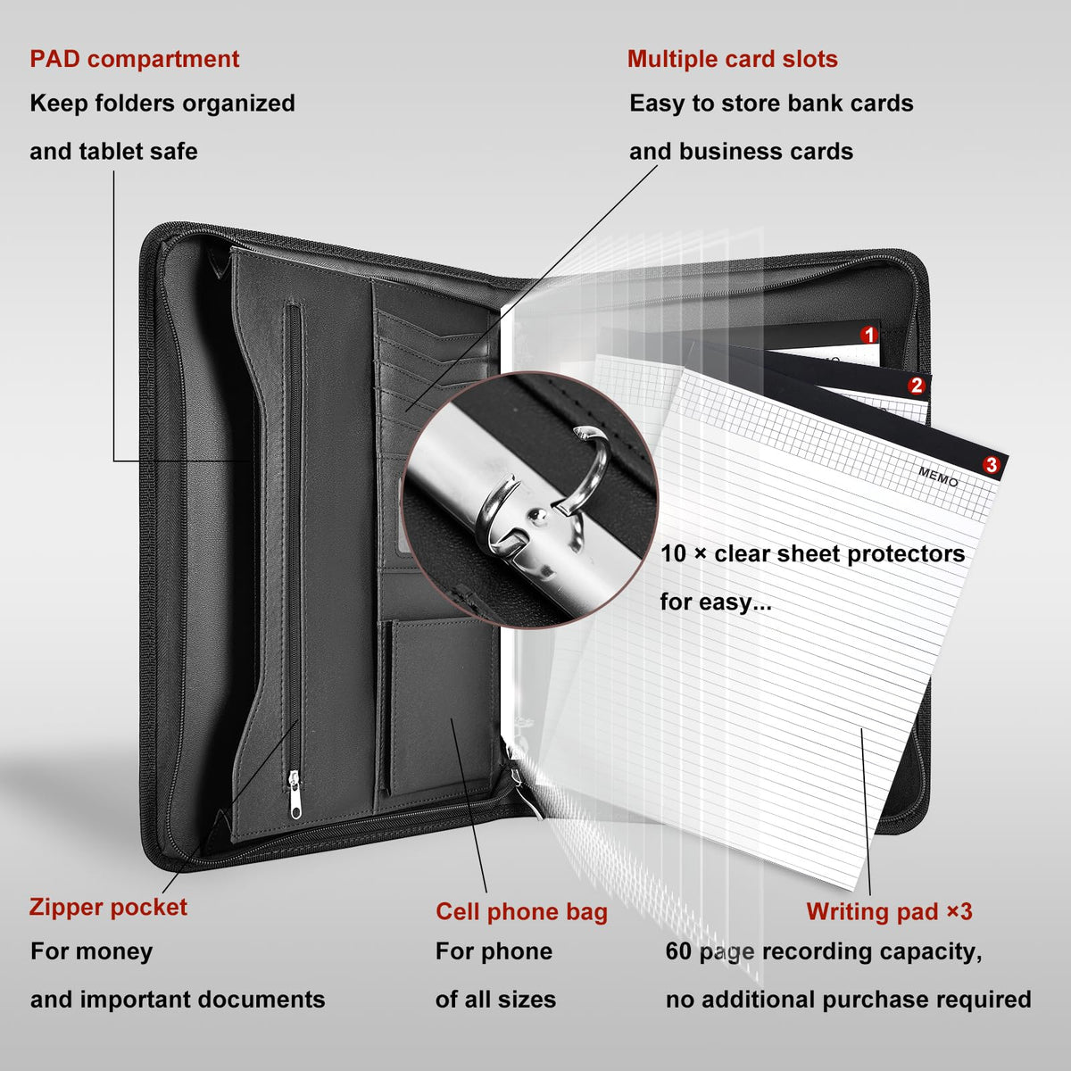 Leathario Portfolio Binder, Includes 10 Sheet Protectors and 3 Notepads, 3-Ring Folder Organizer, A4 Padfolio with Zipper, Vegan Leather Tablet Sleeve, Business Office Conference Clipboards