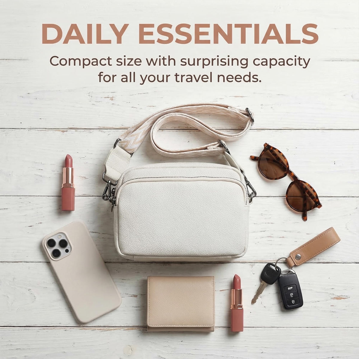 Perphy Crossbody Bags for Women 5 Pockets Shoulder Handbags with Wide Strap 7.9 * 2.4 * 5.9 inches Beige