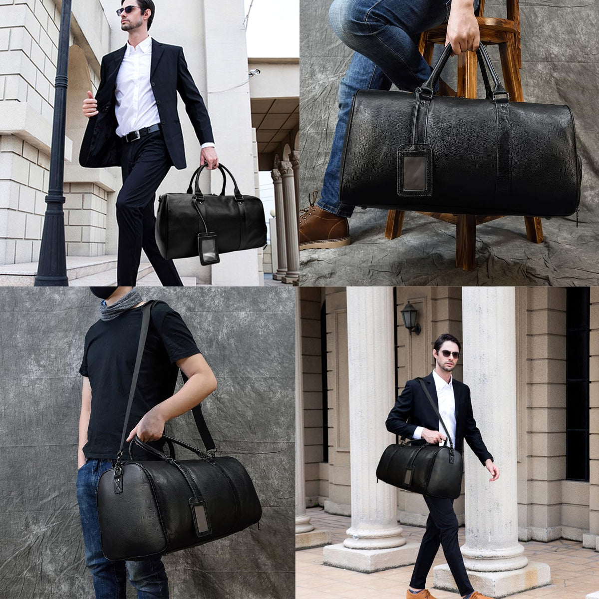 LUUFAN Leather Travel Bag Large Capacity Luggage Duffel Bag with Shoe Compartment, Men Women Weekend Shoulder Handbag for Holiday Business Trip (55cm-Black)