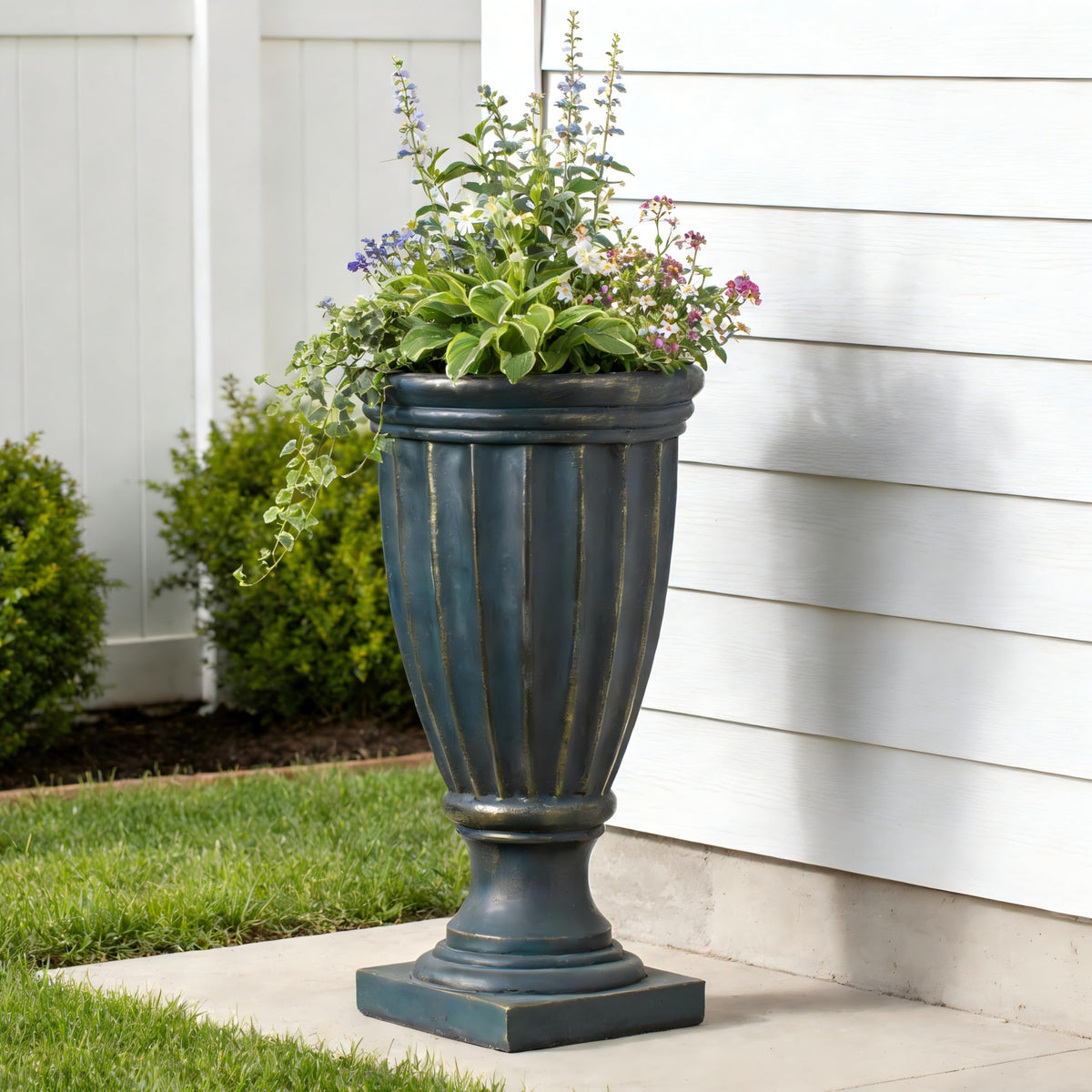 Christopher Knight Home 26.77 Inch Tall Fluted Pedestal Urn Planter MGO Outdoor Flower Pot Faux Stone Garden Planter for Patio Porch Entryway Decor, Antique Green