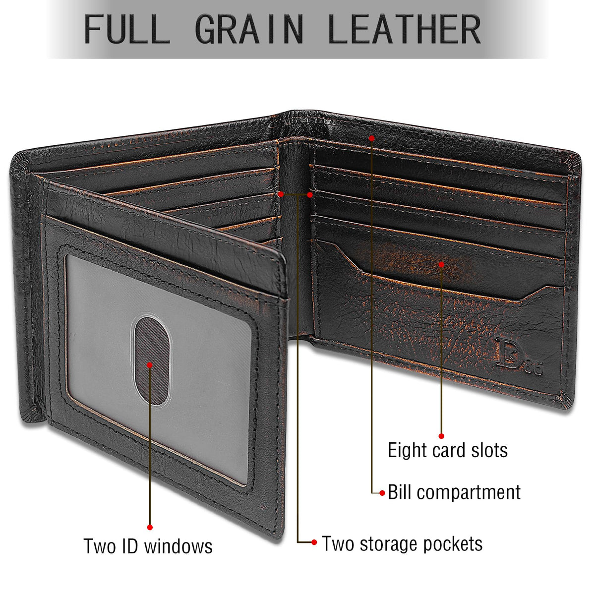 DK86 Deer Bifold Wallet for Men RFID Blocking Full Grain Leather With Hand Burnished Extra Capacity Multiple Card Slots with 2 ID Windows (black orange with deer)