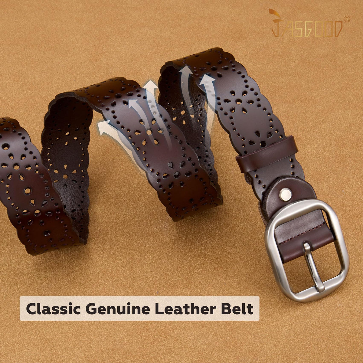 JASGOOD Women’s Hollow Flower Genuine Cowhide Leather Belt With Alloy Buckle needs dark brown and a size Waist Size 26-30 Inch