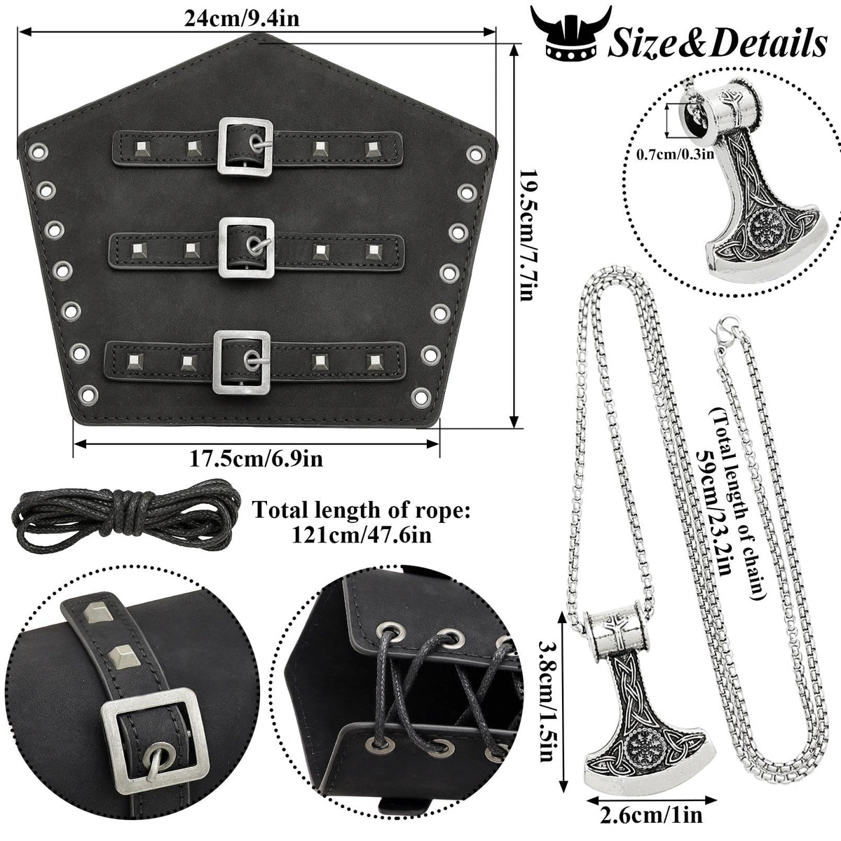 5pcs Medieval Viking Knight Bracers Arm Guards,Knight Belt,Drawstring Purse Pouch Bag and Stainless Steel Chain Axe Necklace Set for Renaissance Faires,LARP events,or Halloween costumes,5 Black set