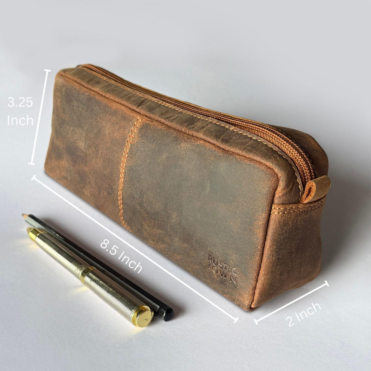 RUSTIC TOWN Leather Pencil Case for Men & Women – Full Grain Leather Pen Pouch with Zipper, Handcrafted Pencil Pouch Organizer for Office, School & Travel
