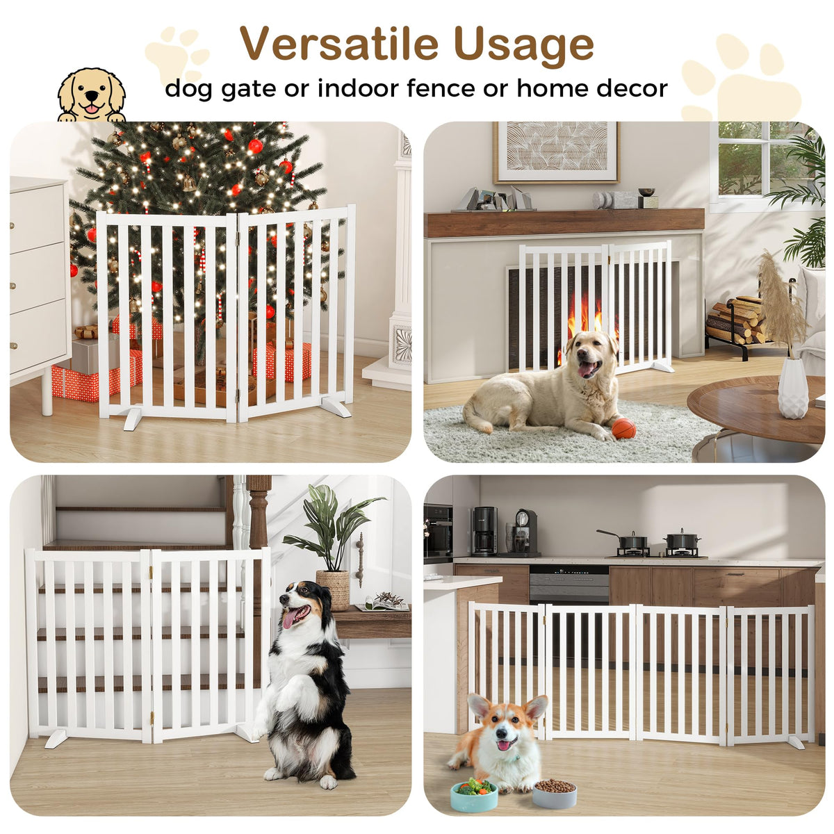 30" Height Tall Freestanding Pet Gate, Solid Wood Folding Safety Fence Wooden Dog Gate with 2 PCs Support Feet Ideal for Stairs, Doorways, Halls, Kitchens, Heavy Duty Gates, 2 Panels, White