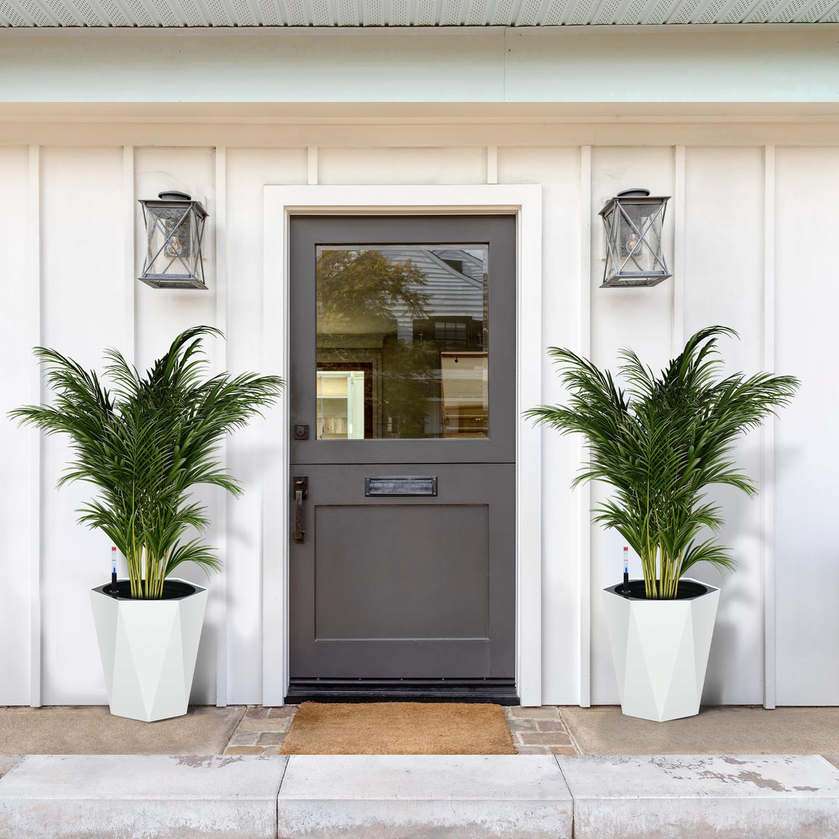 16" White Tall Planters Outdoor Set of 2, Large White Flower Pots Outdoor with Drainage Holes & Automatic Watering System, Modern Large Resin Planters for Outdoor Plants, Front Porch, Deck, Diamond