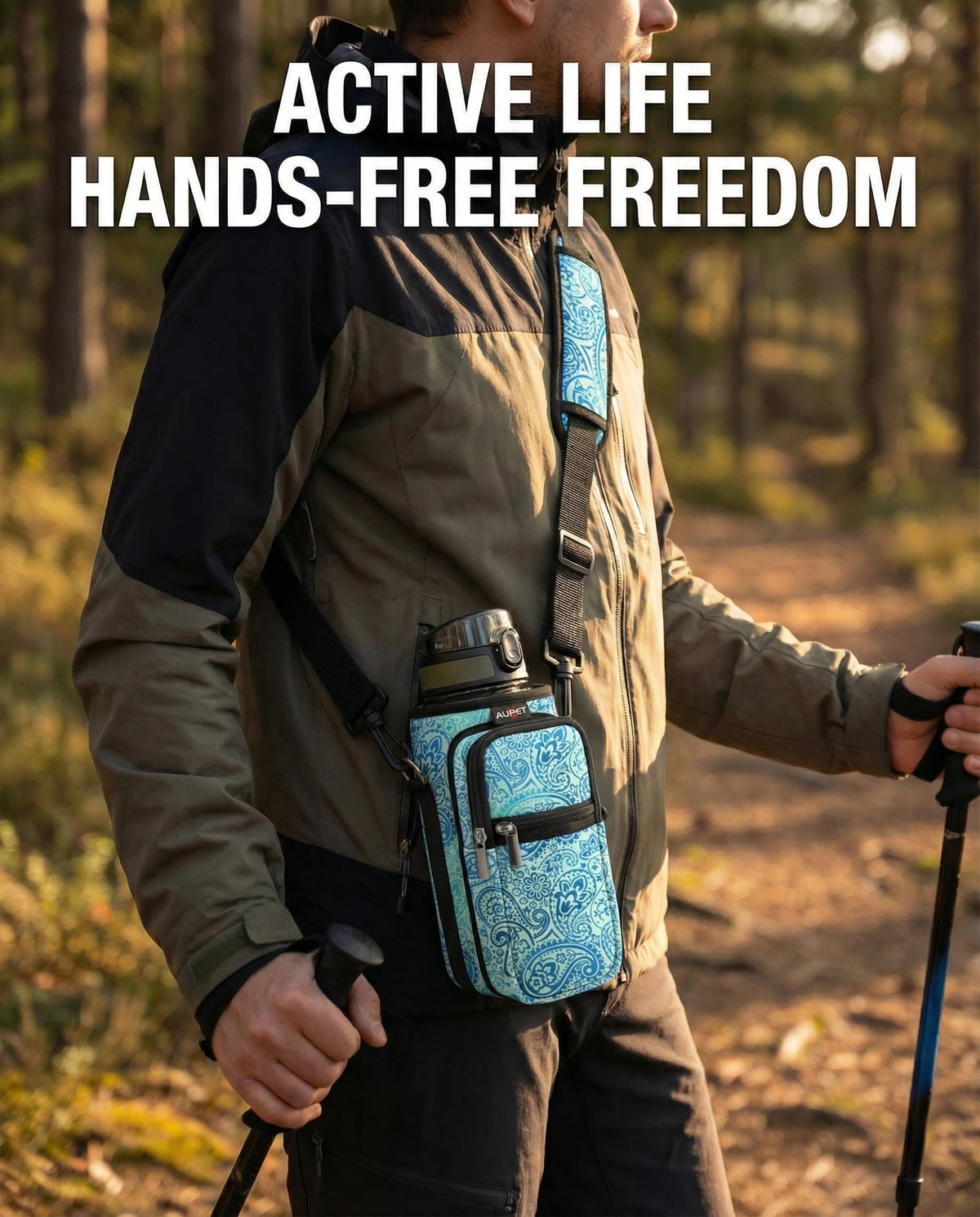 AUPET Water Bottle Sling Bag Sleeve Holder Carrier 25/32/40/64 oz,Insulated Crossbody Water Bottle Case Cover with Strap and Pockets for Men/Women Walking Hiking Camping (25oz, blue feather)