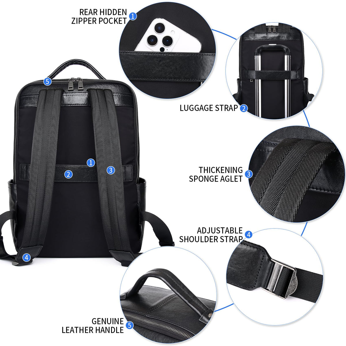 Wesccimo Veg-Tan Genuine Leather Backpack for Men Multi-Functional 15.6" Laptop Backpack, Black Business Travel Luxury Backpack Work Daypack