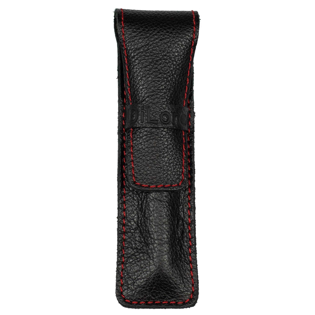 DiLoro Full Grain Leather Single Pen Case Holder Pouch Pencil Organizer (Buffalo Black w Red)