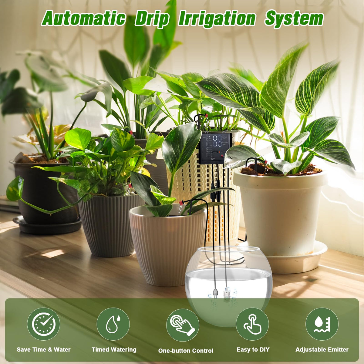 Automatic Plant Waterer Indoor, Drip Irrigation System for Potted Plants, Vacation Plant Self Watering Device, Drip Timer Auto Watering for Housplants, Garden, Greenhouse (15 Pots, Adjustable Dripper)