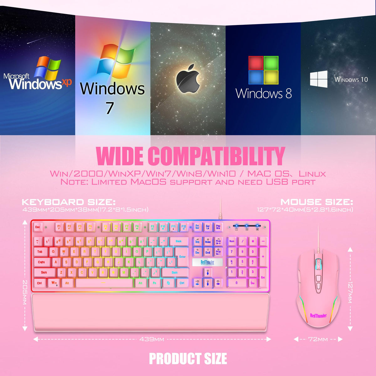 RedThunder K10 Wired Gaming Keyboard and Mouse and Wrist Rest Combo, RGB Backlit, Mechanical Feel Anti-ghosting Keyboard + 7D 7200 DPI Mice+Soft Leather Wrist Rest 3 in 1 PC Gamer Accessories(Pink)
