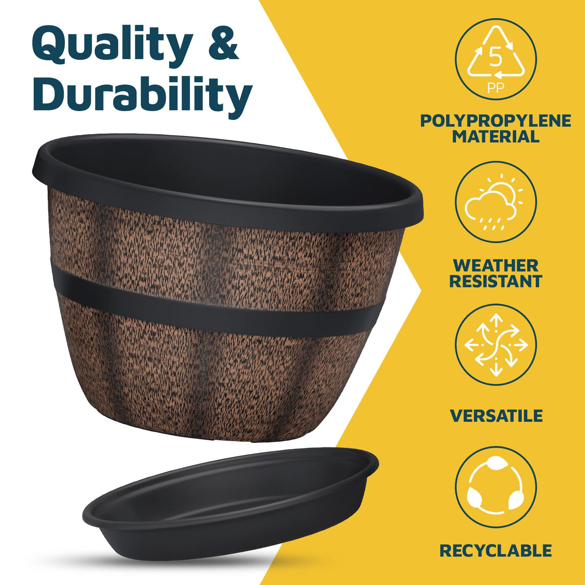 10-Inch Whiskey Barrel Planters Outdoor Pack of 25 - Durable Plastic Plant Pots for Indoor & Outdoor Use with Drainage & Saucer, Lightweight Rustic Barrel Planters for Flowers, Herbs & Small Plants