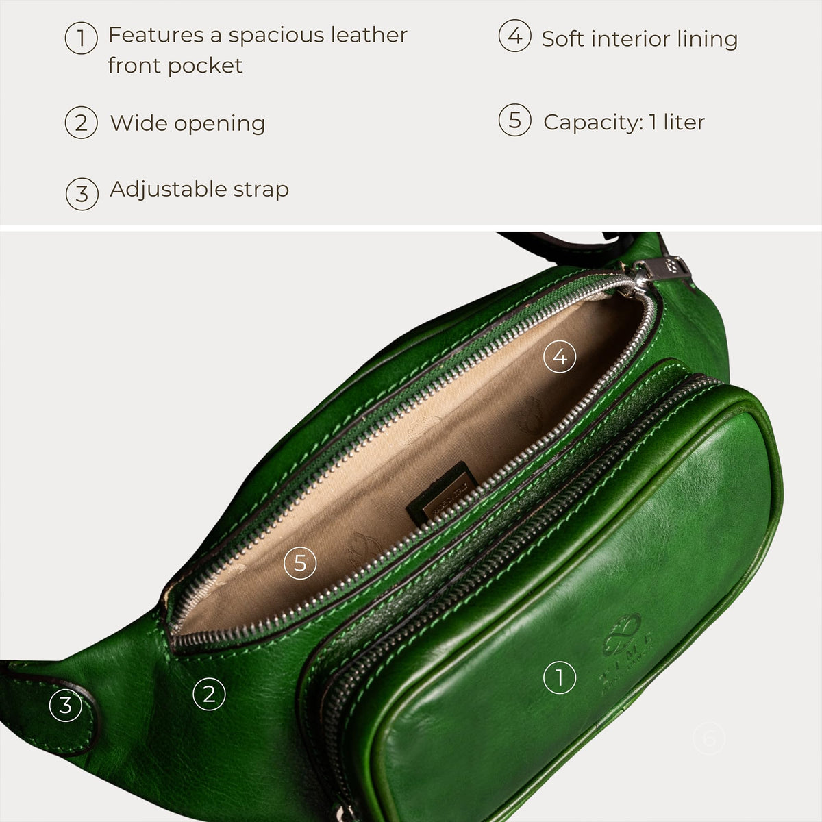Time Resistance Leather Waist Pack - Belly Bag, Belt Bag, Fanny Pack - Handmade in Italy (Green)
