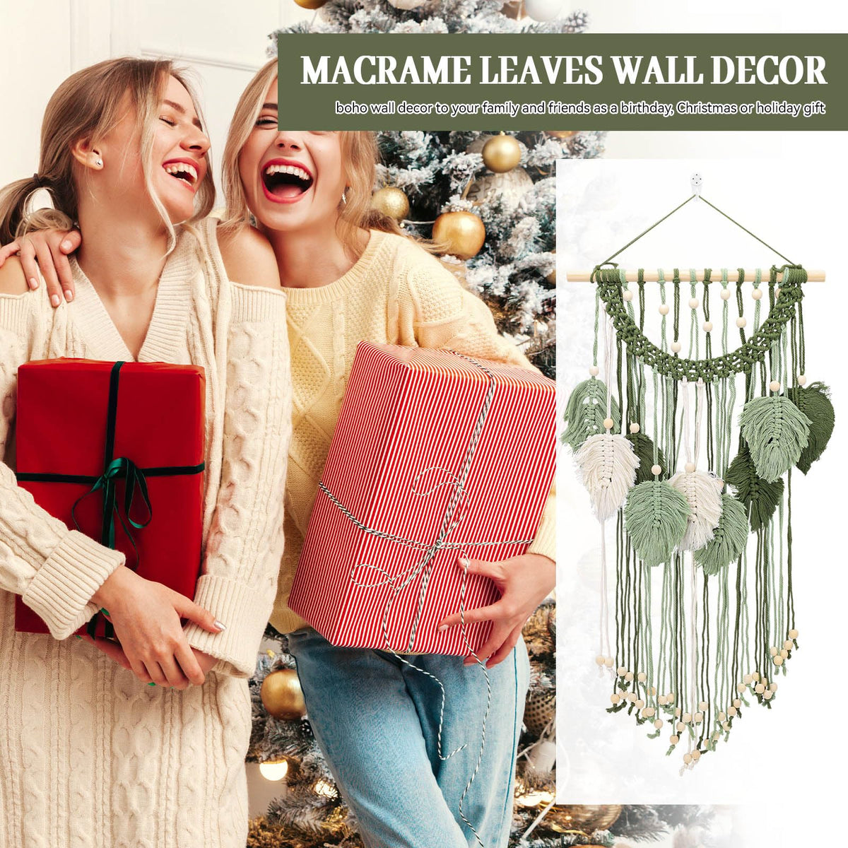 Chihutown Macrame Wall Hanging, Cotton Macrame Wall Decor, Boho Tapestry for Farmhouse, Coffee Shop and Office, Handmade Sage Green Leaf Hanging Tapestry, Living room Decor and Accessories (Green)