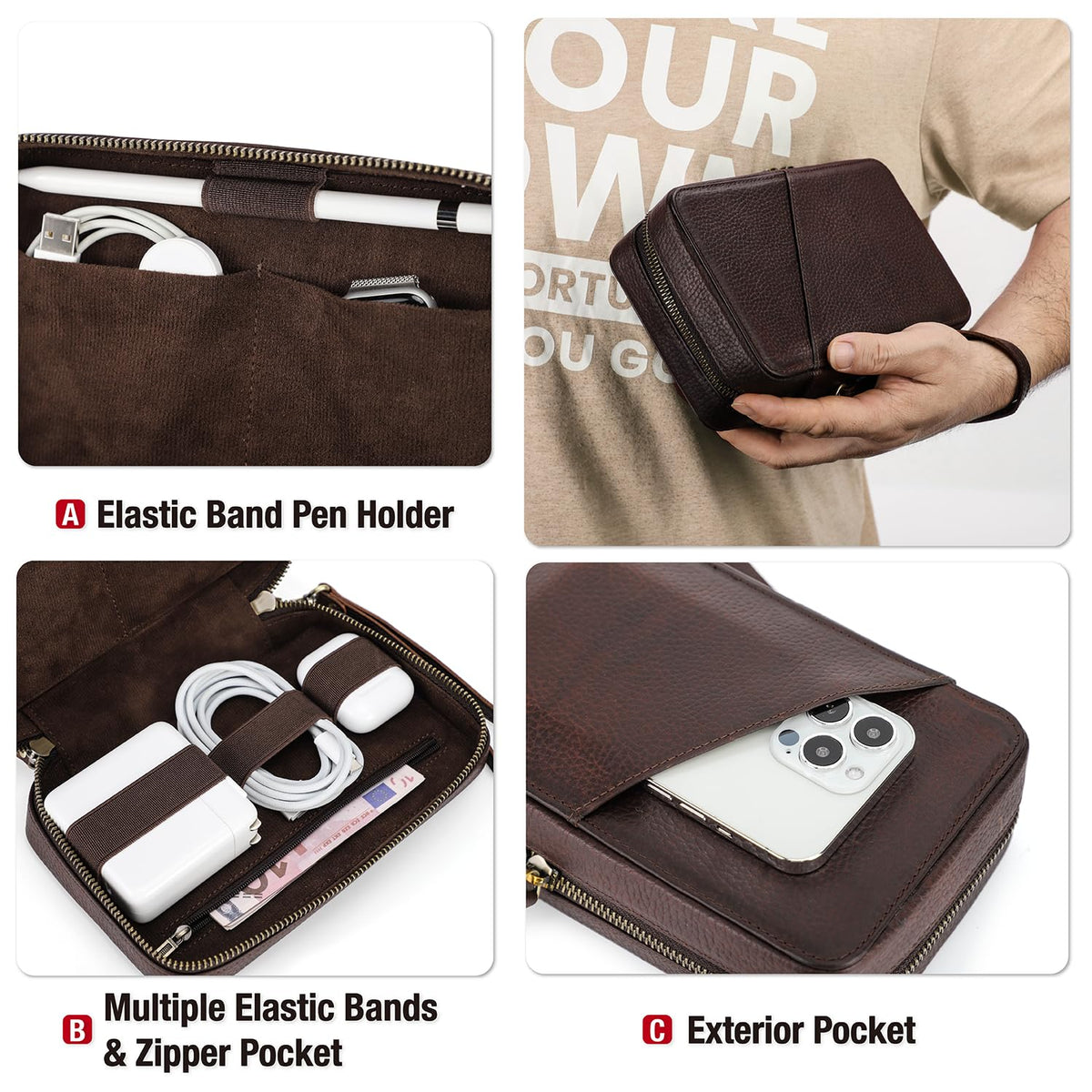 CataPurus Electronic Organizer Case Tech Kit, Top Grain Leather Handmade, Portable Compact Travel Electronic Accessories Storage Case Fits Phone, USB Cables, Chargers, Hard Drive, Cards, Apple pencil