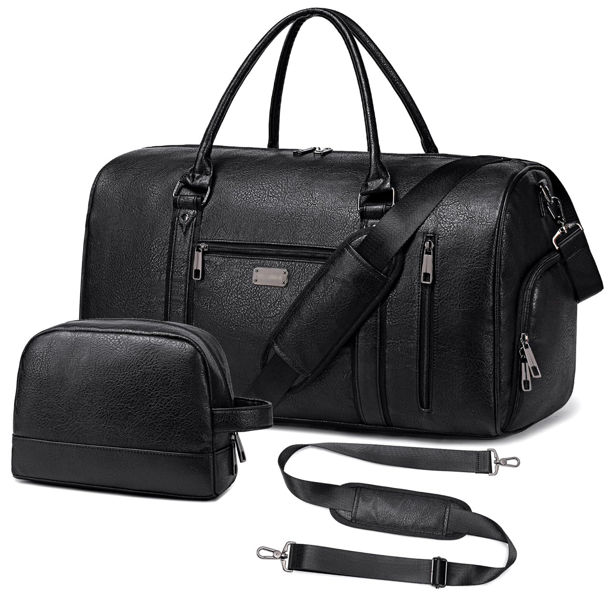 Large Travel Duffel Bag for Women Men, Faux Leather Weekender Overnight Bag with Shoe Compartment, Waterproof Carry On Bag with Toiletry Bag, Travel Tote Bag Gym Bag (Black)