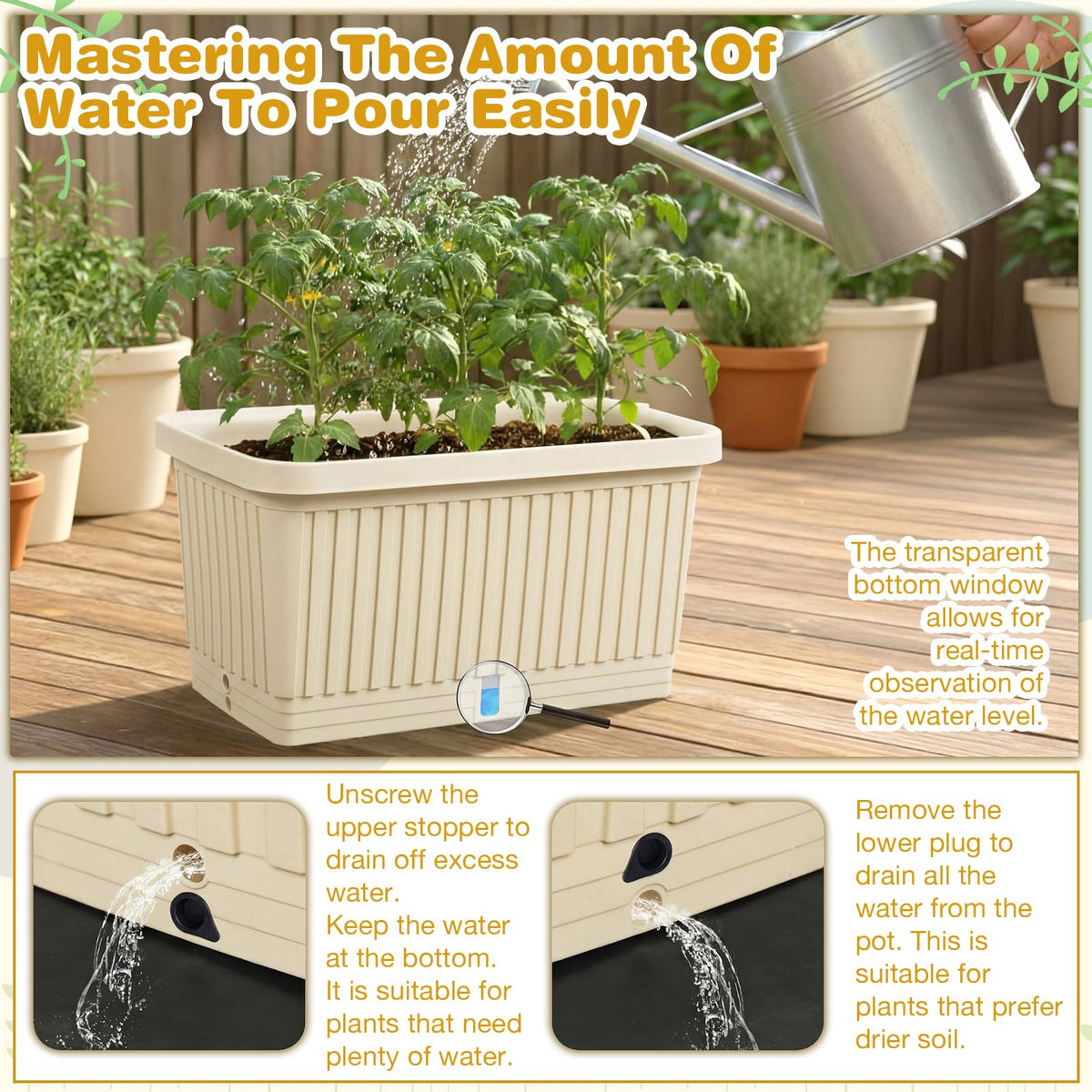 RimCereal 3 Pcs Large Planter Boxes Deep Rectangular Planter Boxes Outdoor Lightweight Plastic Planting Flower Pot with Drainage Holes Plant Pot for Patio, Courtyard, Lawn, Outdoor(Beige,20 Inches)