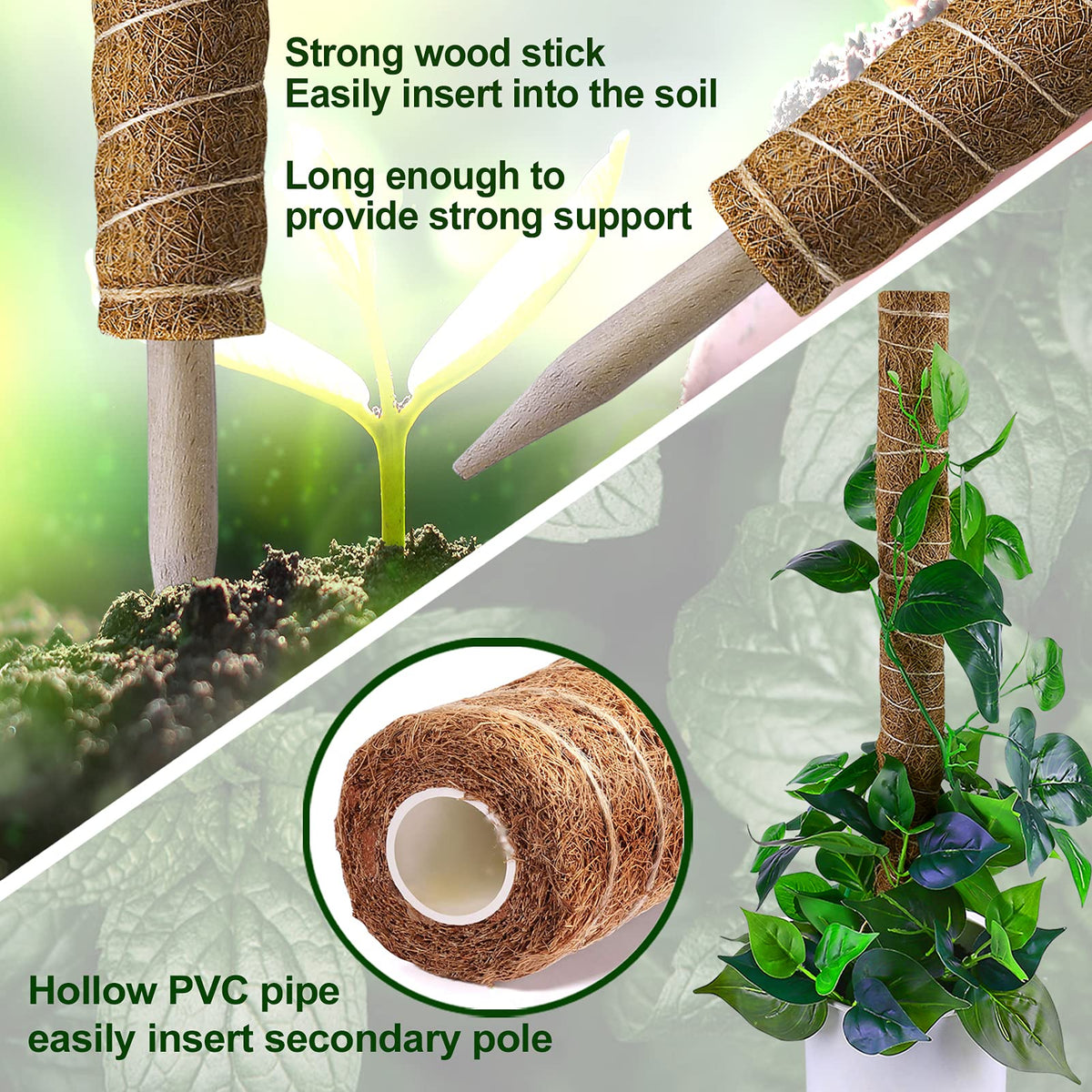 Fabulas Moss Pole 47.5 Inch - Monstera Plant Support, 4 Packs 16 Inch Plant Stakes for Indoor Plants Coco Coir Moss Pole Sticks for Climbing Potted Live Plants, Pothos, Philodendron, with Garden Ties