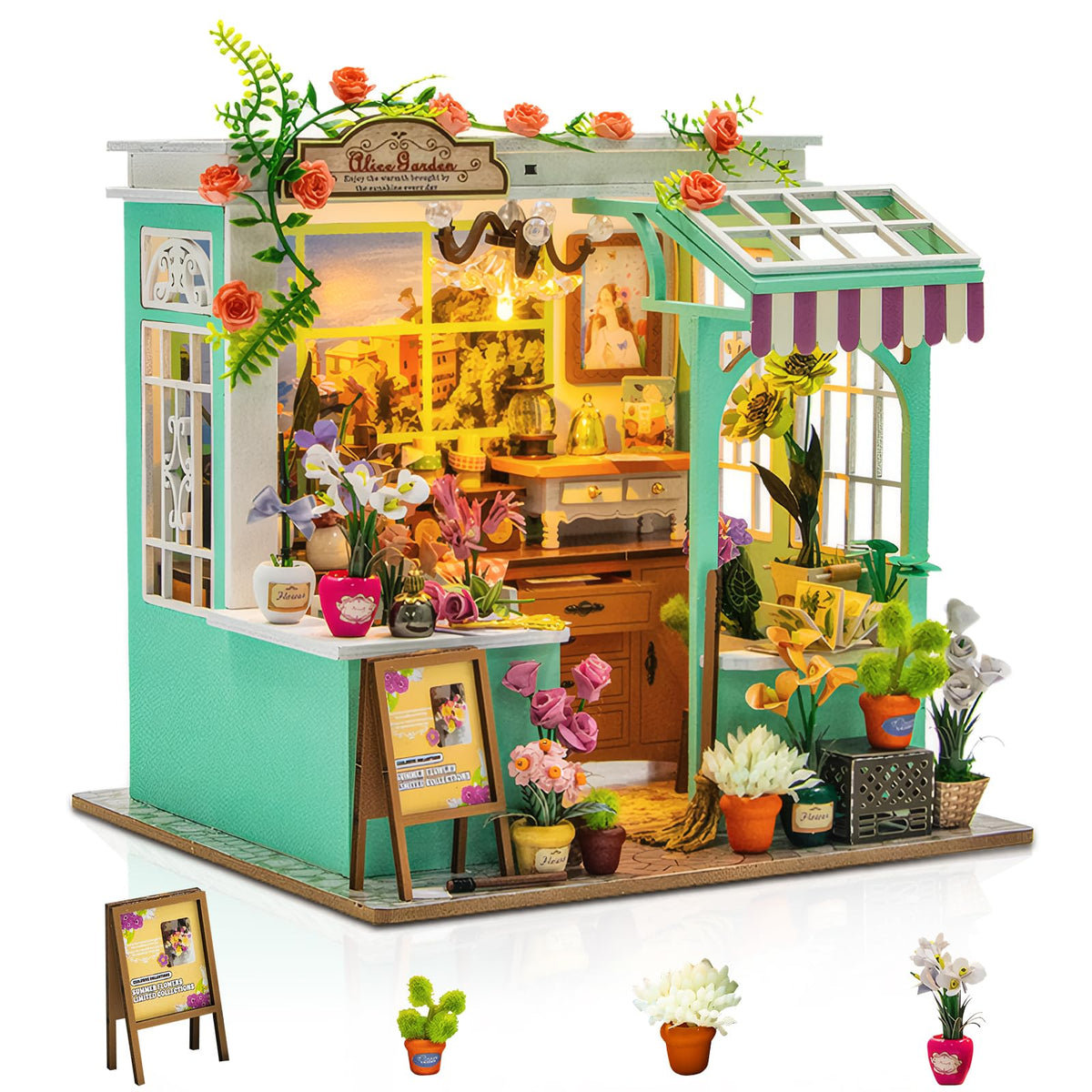 Foyucool Miniature House Kit, DIY Miniature Dollhouse Kit, Mini House Building Kits with LED, Unique Gift for Birthday Christmas Day, Flower Garden