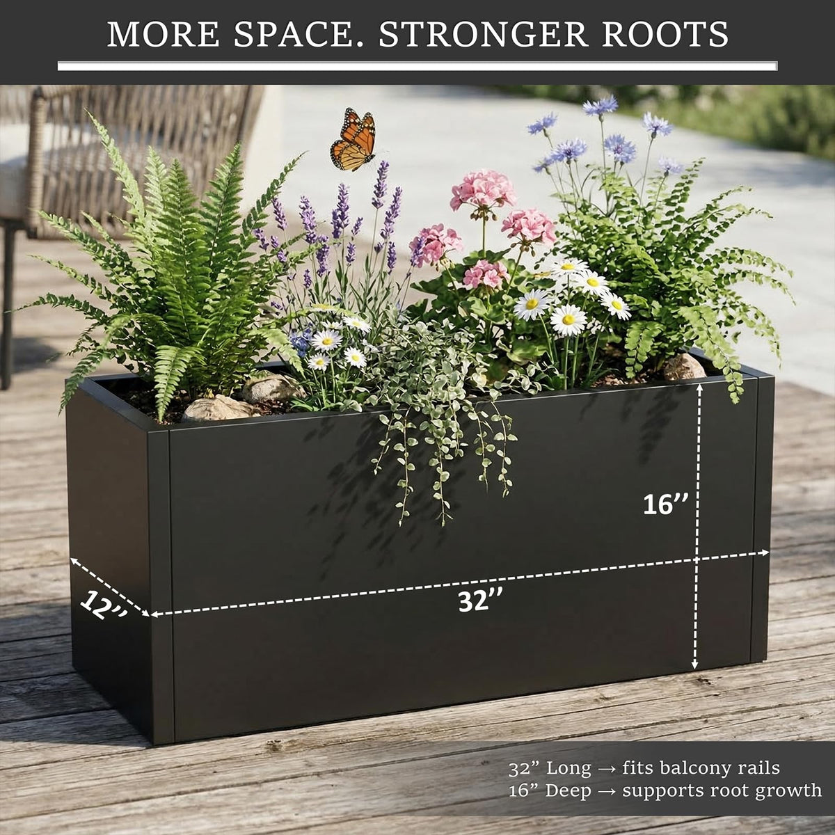WIZWERK Rustproof Metal Planter Box 32 Inch Outdoor, Galvanized Steel Raised Garden Bed with Drainage Holes, Large Deep Rectangular Planter for Patio Balcony Porch Backyard