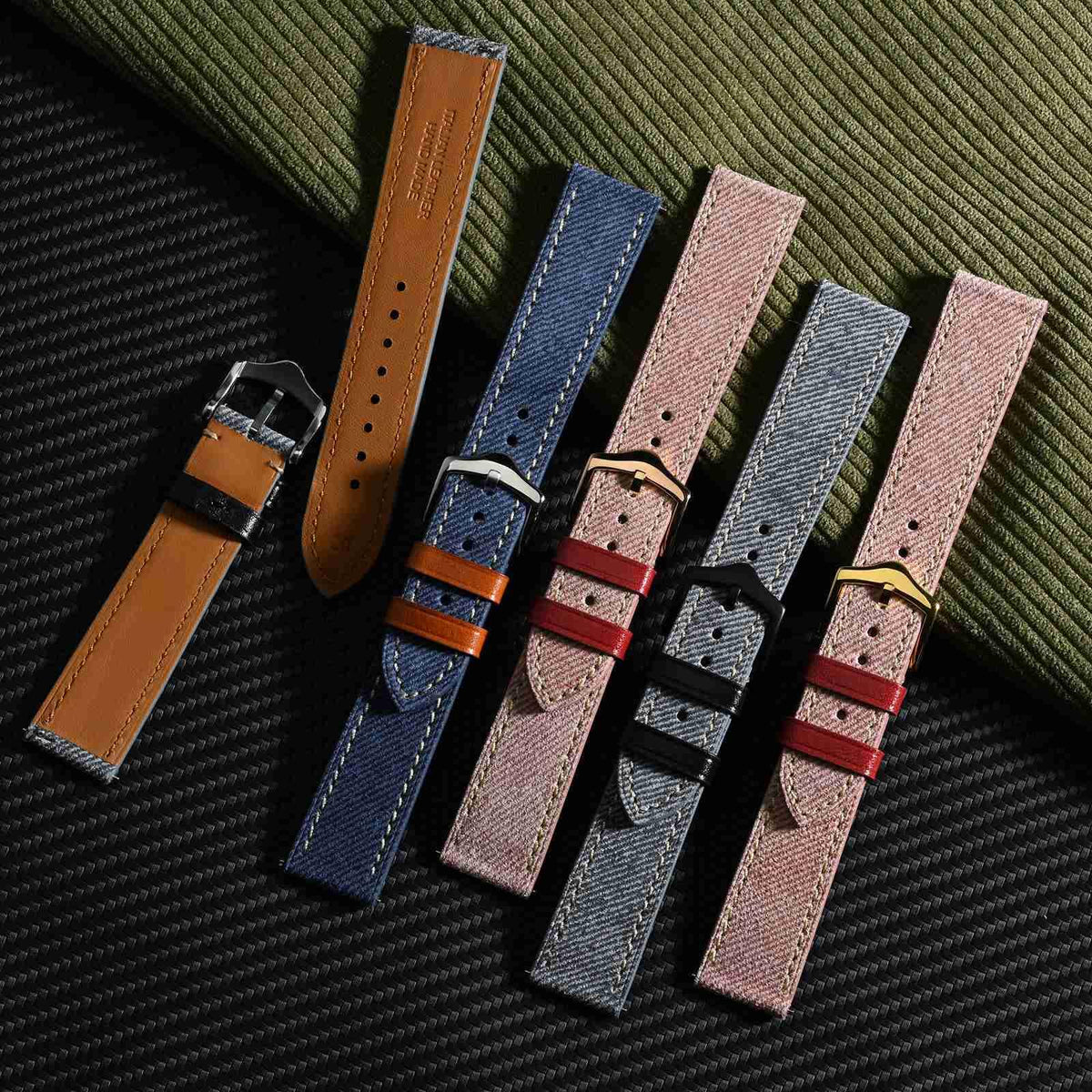 WOCCI 20mm Watch Band, Italian Leather, Denim Pattern, Silver Buckle (Denim Blue)