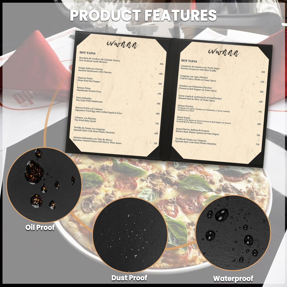 IVWNNN 8.5'' x 11'' Menu Covers 6 Pack Black PU Leather Menu Holders Book Style with Angled Corners Double View Menu Sleeves Easy-Insert Design Waterproof for Bar Cafe Restaurant Menu Covers