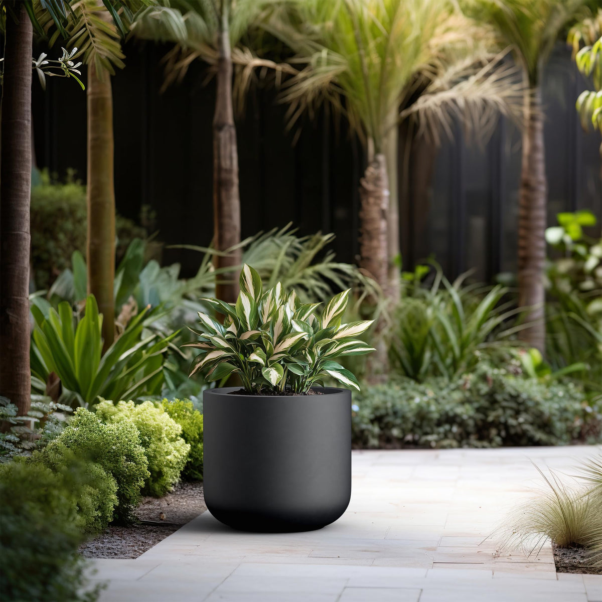 Kante Round Concrete Planter, 17.3 Inch Dia Classic-Style Large Pot with Drainage, Black Finish with Painted Interior, for Indoor & Outdoor Plants, Home, Patio and Garden