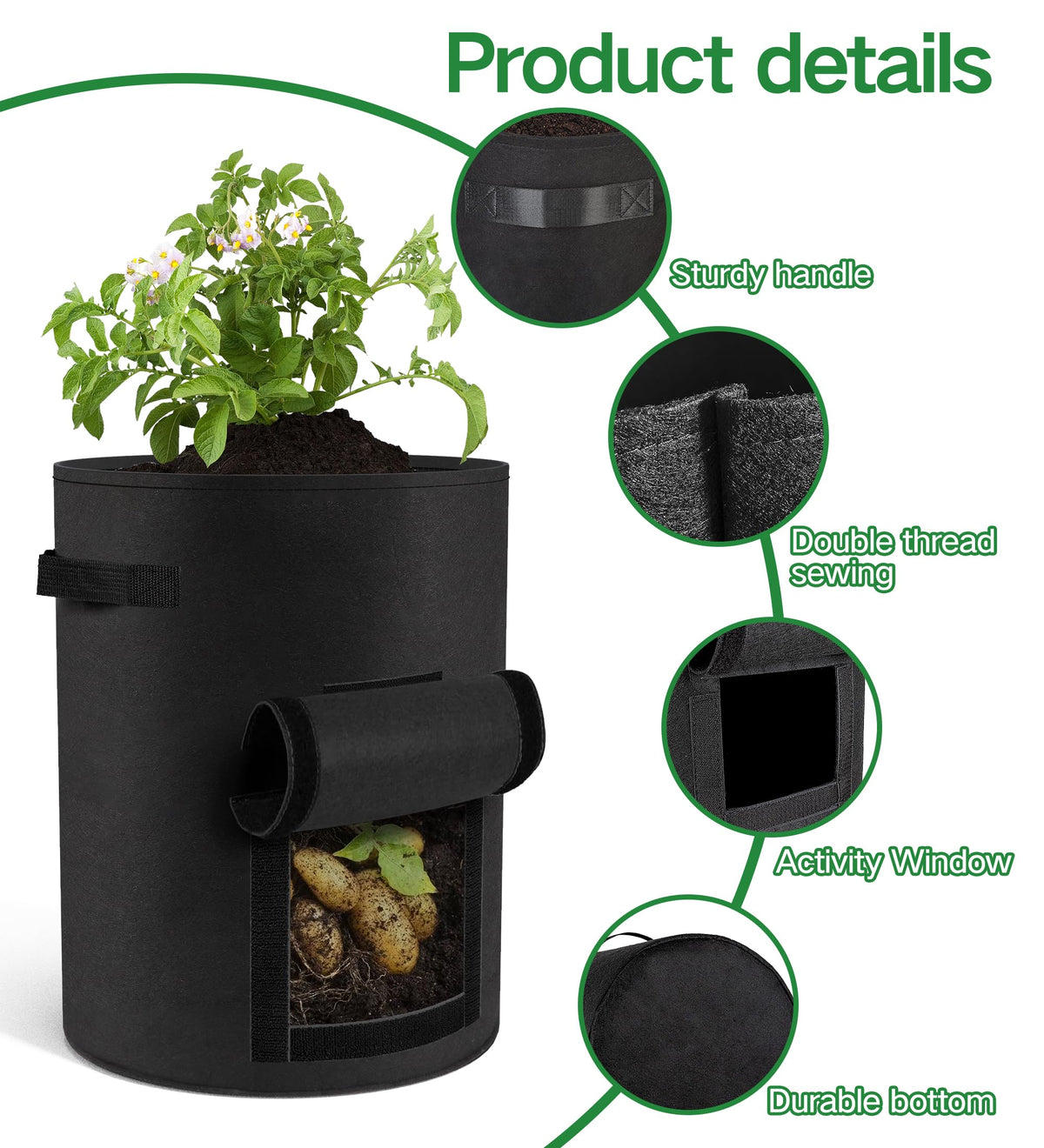 Moyios 6-Pack 10 Gallon Potato Grow Bags – Durable Nonwoven Fabric Planters with Reinforced Handles | Reusable Garden Containers for Potatoes, Vegetables (Black, 10 Gallons/6 Pack)