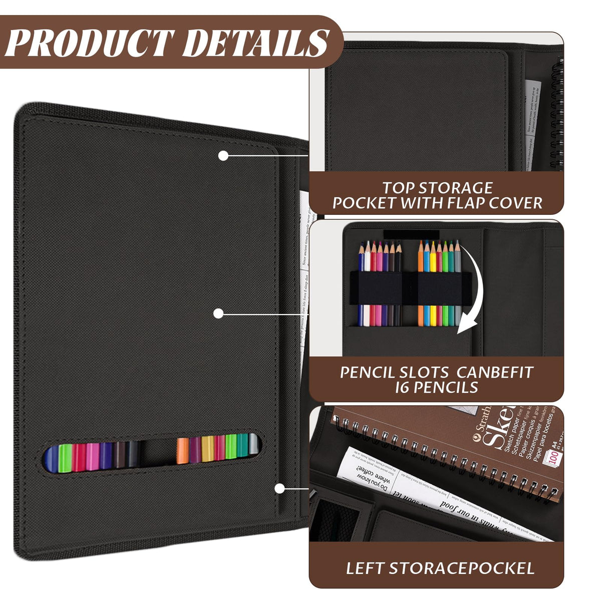 Plinyvel Travel Sketch Case & Cover: Leather Organizer Fits 5.5x8.5 Sketch Book & Spiral Pad | All-in-One Art Kit with Pencil Holder | Compact for Artists, Beginners & Travel (Black)