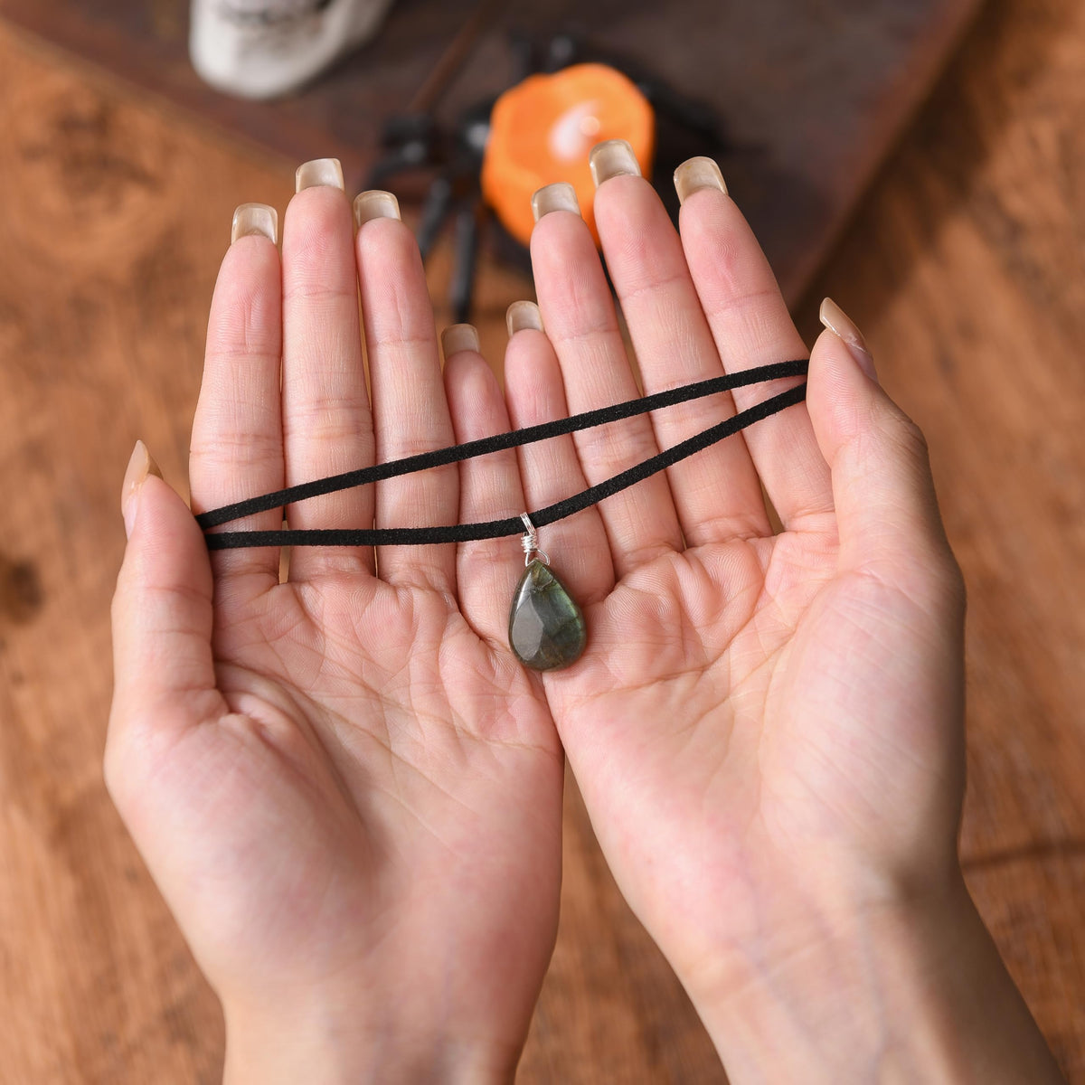 RareLove Black Leather Layering Choker Necklace for Women 925 Sterling Silver Teardrop Labradorite Stone Pendant Healing Crystal Necklace Gothic Boho Anxiety Jewelry