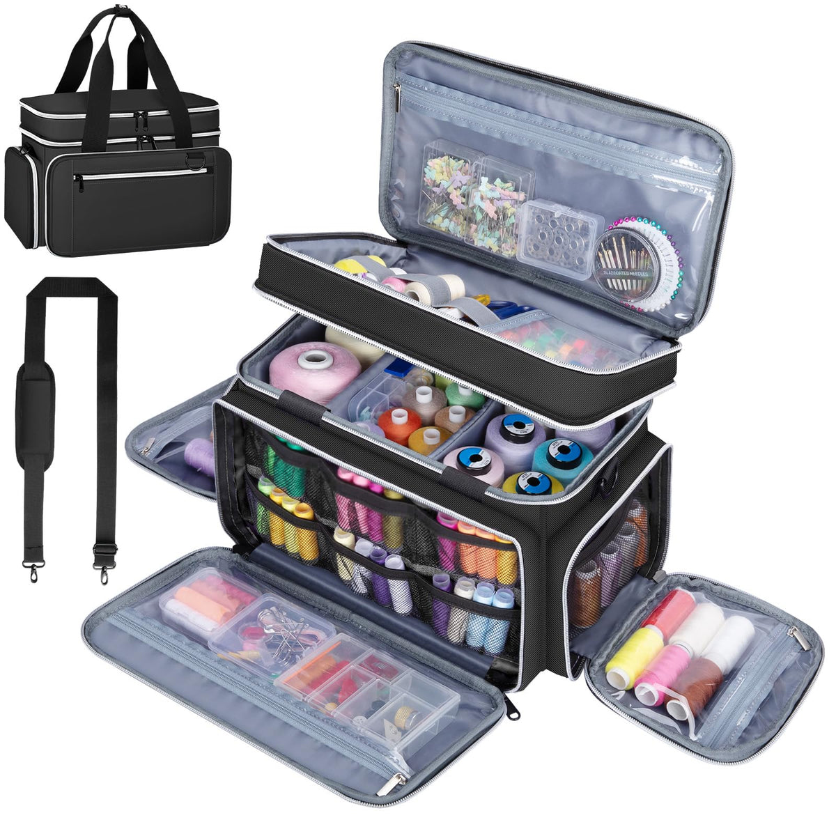 Anitor Large Sewing Supplies Organizer, Double Layer Sewing Storage Organizer with Two Detachable Dividers, Travel Sewing Bag Organizer with Shoulder Strap for Accessories, Black, (Bag Only)
