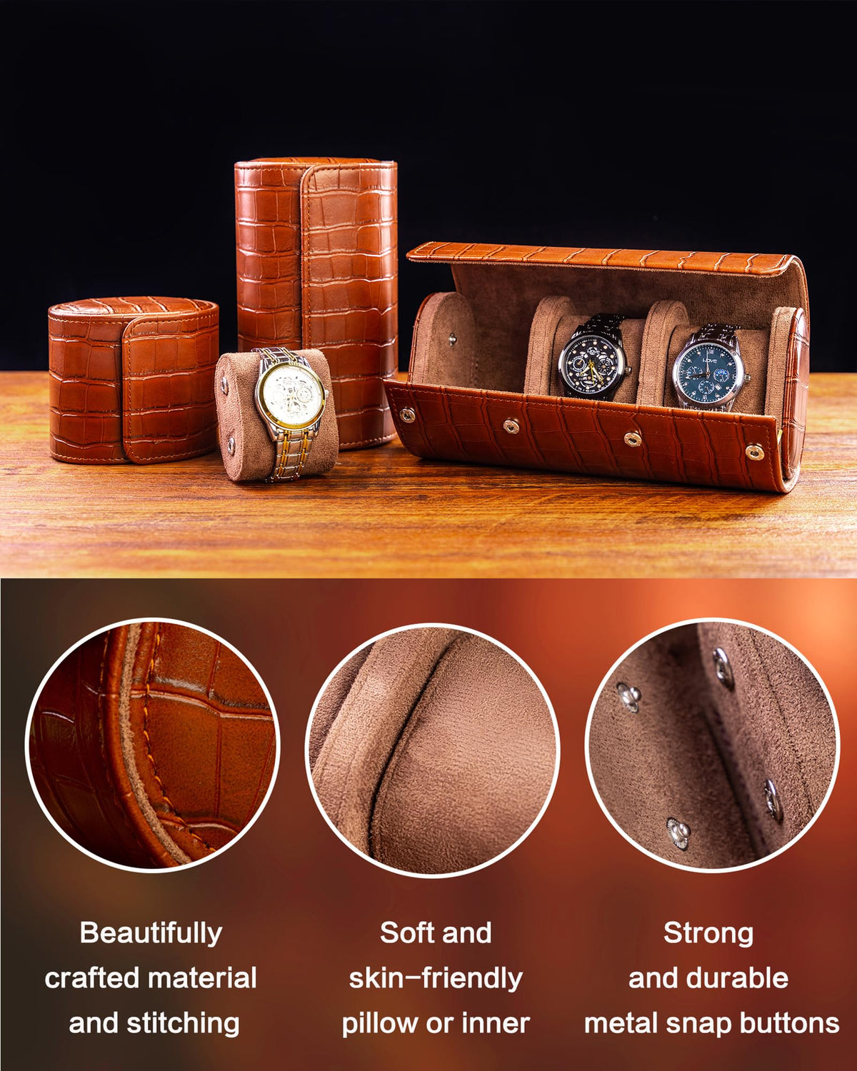 MR.OKAY 3 Watch Travel Case- Classic Leather Watch Case With Superb Texture.(Portable Watch Roll Or Organizer For Storage And Display).Festival Gift For Men, All Handcrafted By Artisans.