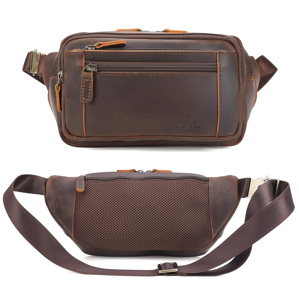 Polare Full Grain Leather Fanny Pack/Waist Belt Bag for Men and Women Large Capacity Crossbody Organizer For Travel Outdoor Sports Hiking Cycling Running