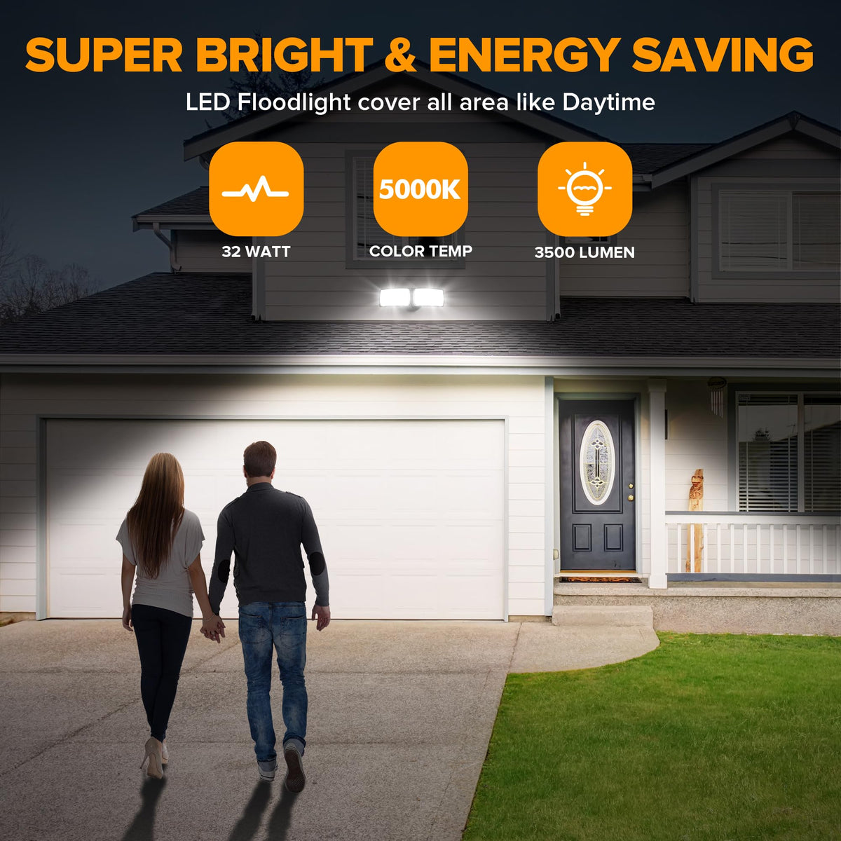 LUTEC Dual-Head LED Flood Light 32W 3500LM 5000K Waterproof Outdoor Security Light Black