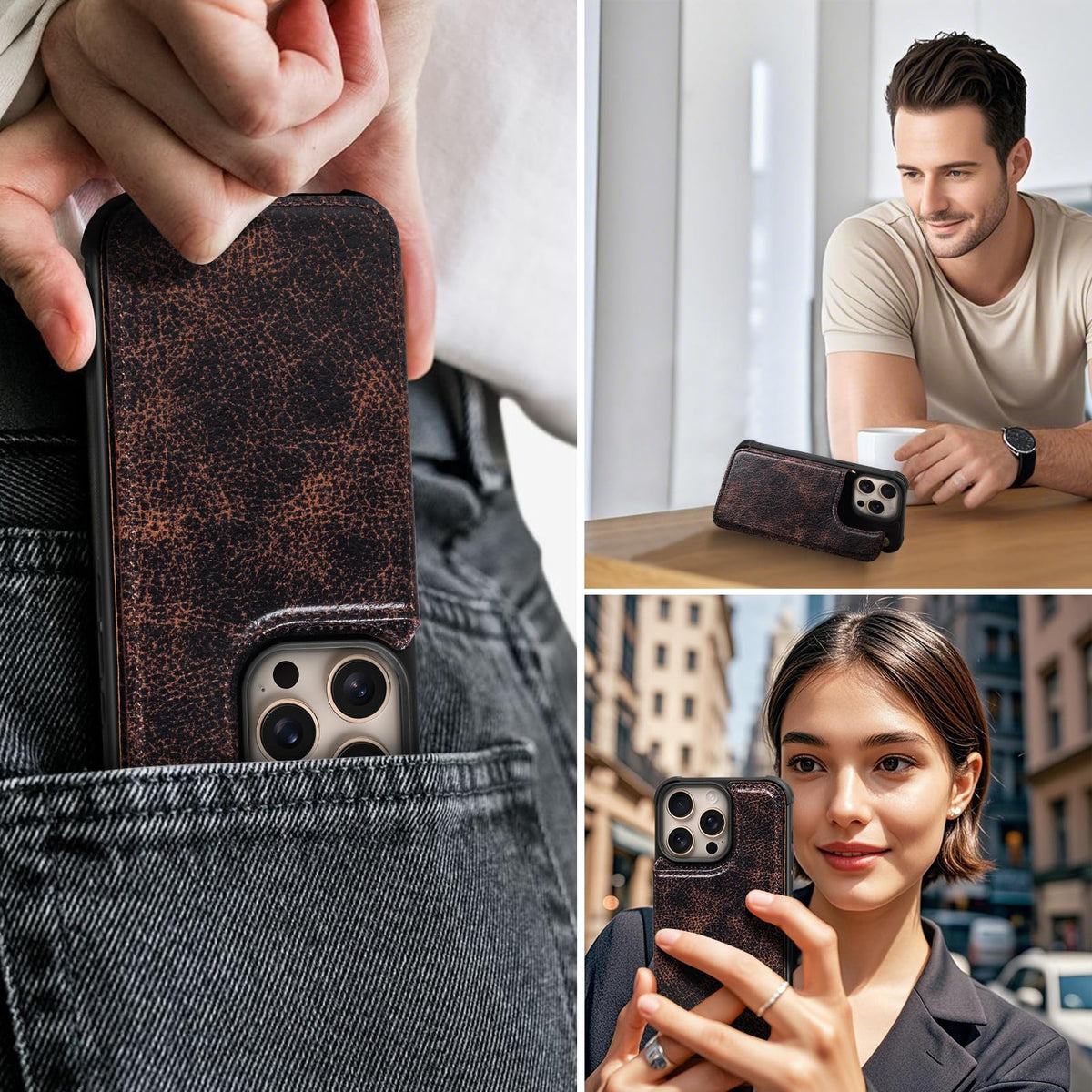 RMAWRAD Wallet Real Leather Case Compatible with iPhone 15 Pro Max 6.7",Genuine Leather，Shockproof, Anti-Fall Case, Flip Cover, with Card Slot, Double Magnetic Buckle, Kickstand, Coffee