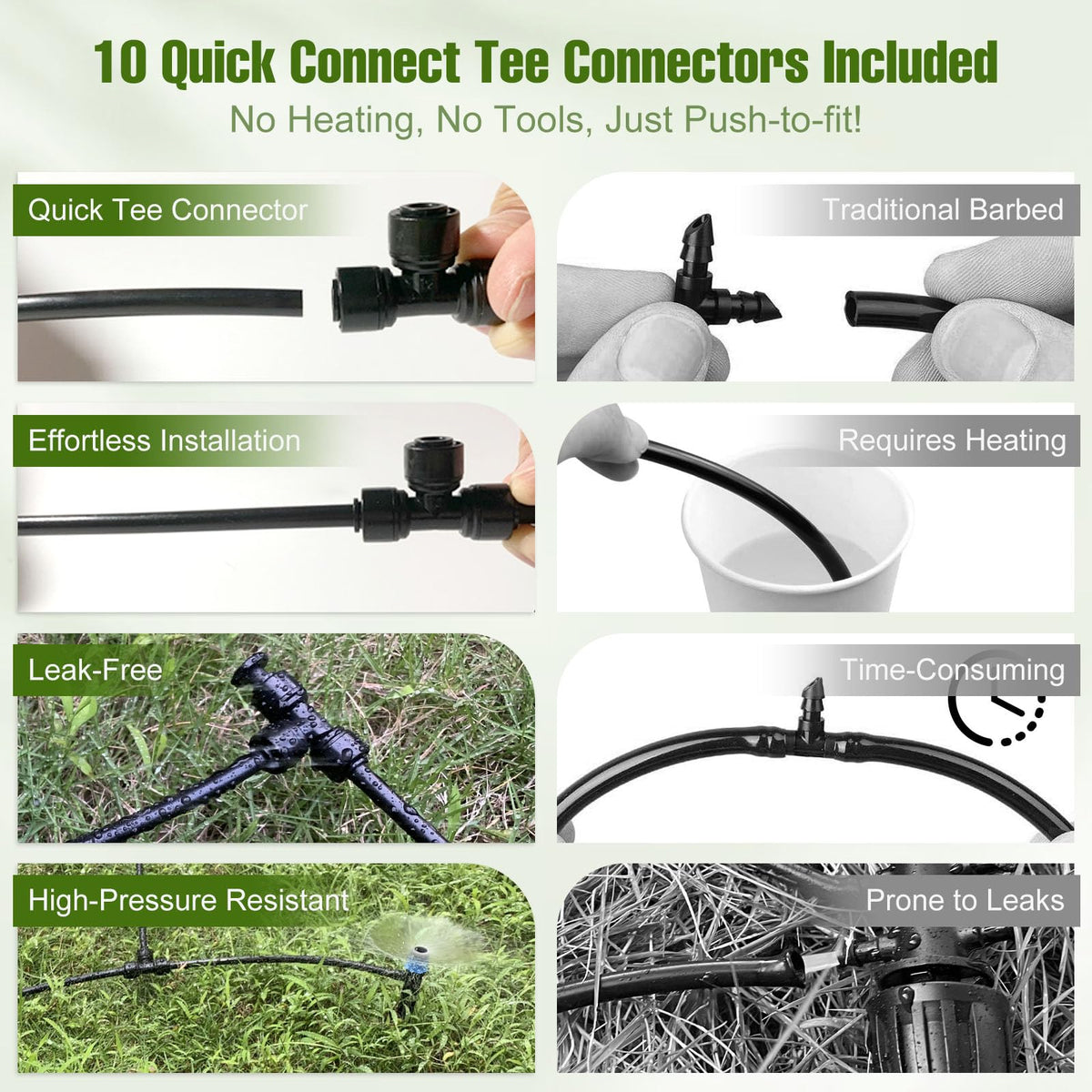 50FT 1/4 Inch Drip Irrigation Tubing with 5 Pack Push-to-Connect 1/4" Tee Connectors, Distribution Drip Line Hose & Universal Tee Fitting, for Drip Irrigation Parts or Drip System and Misting System