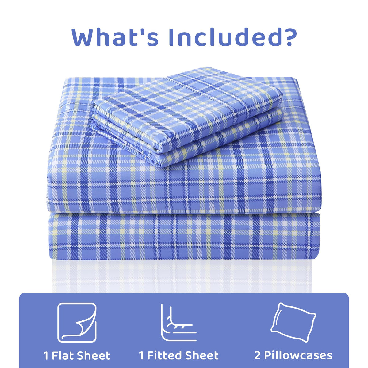 Mooreeke Cozy Plaid Microfiber Printed Full Sheet Set - Soft & Breathable Purple Yellow Plaid Bed Sheets with Extra Deep Pocket - Non-Slip Fitted Design - Purple Yellow Square Plaid Pattern - Full