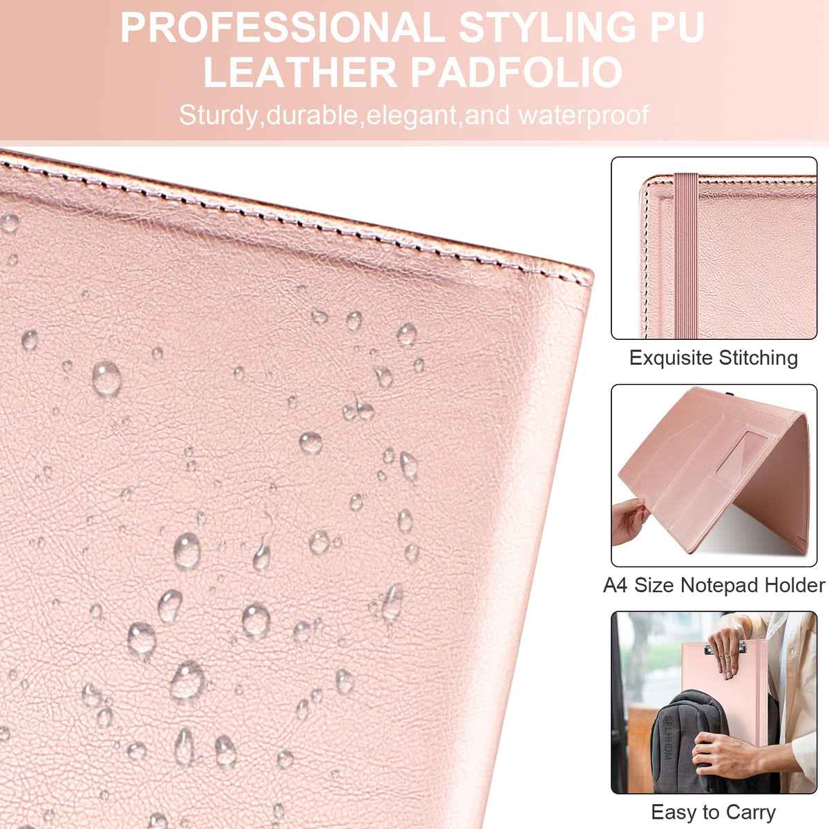 Clipboard Padfolio with Storage Pocket, Clipboard Folder Portfolio Organizer, 360 Degree Foldable Clipboards with Refillable Notepad,Faux Leather Padfolio Organizer for Office School Supplies-Pink