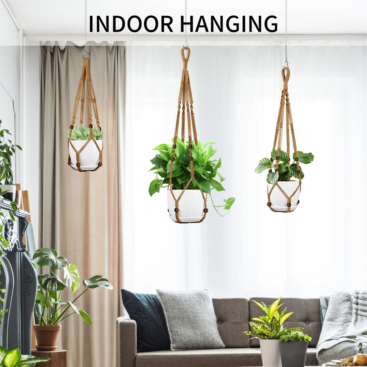 IDEEEPAN Macrame Plant Hanger - Fits 4 to 13 inches Pots for Indoor Outdoor, 35"/29"/23" Different Sizes Set, Brown (POTS NOT Included)