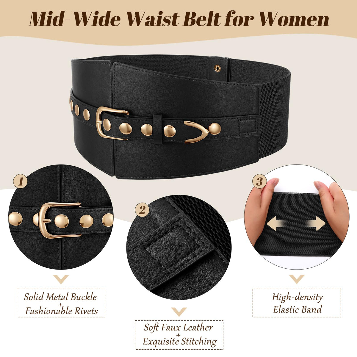 JKEEMI Wide Waist Belt Women Elastic Chunky Stretchy Elegance Belt with Gold Rivets Buckle for Daily Costume