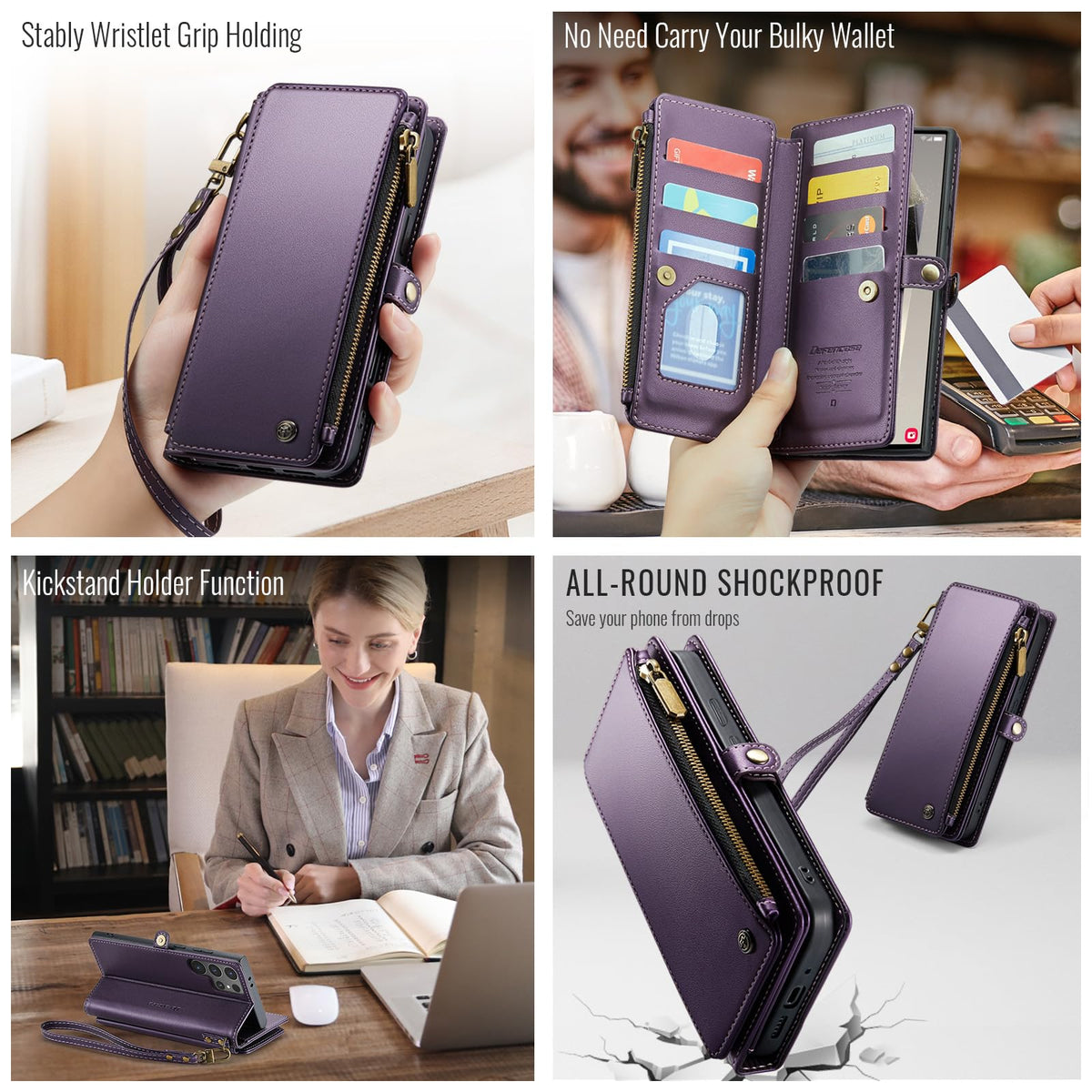 Defencase Compatible with Samsung Galaxy S24 Ultra Case Wallet with RFID Blocking Card Holder for Women Men, PU Leather Magnetic Snap Flip Zipper Strap Phone Case Fit for Galaxy S24 Ultra 5G, Purple