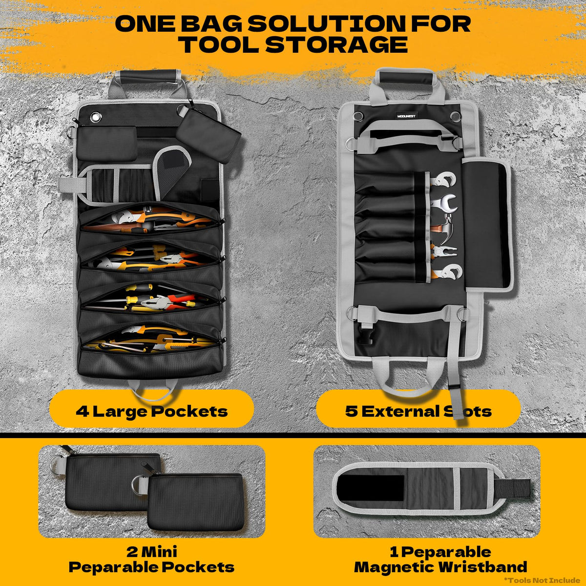 Tool Bag Roll Up Large Heavy Duty, Waterproof Oxford Fabric Tool Storage Organizer with Shoulder Strap Detachable Magnetic Wristband, Foldable Carrying Toolbag for Car Mechanic and Electrician(Black)