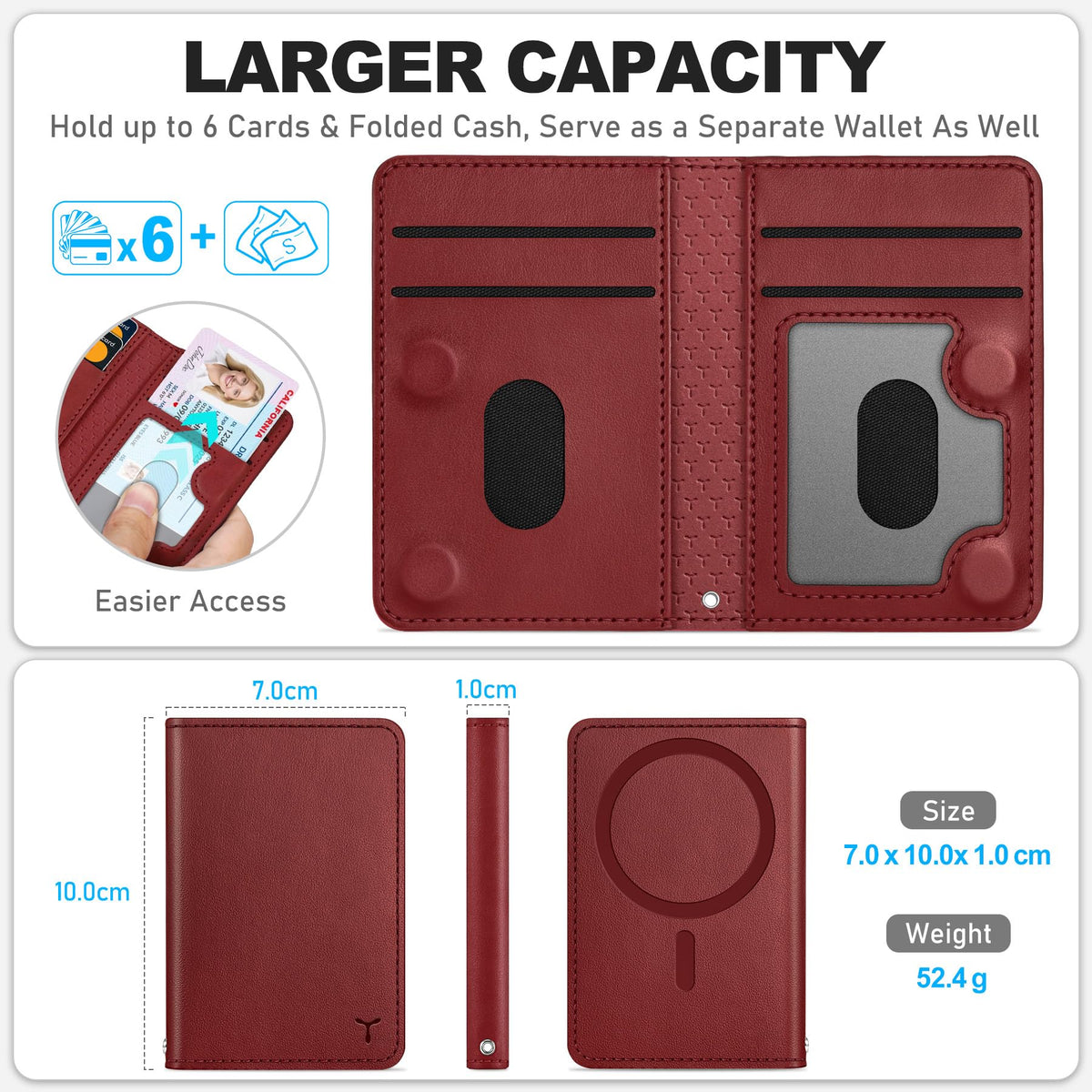 TUCCH for Magsafe Card Holder with Clear ID Window, Fit 6 Cards, RFID Blocking PU Leather Men Women Magnetic Phone Wallet for iPhone 17/16/15/14/13/12/Plus/Air/Pro/Pro Max Series, Dark Red