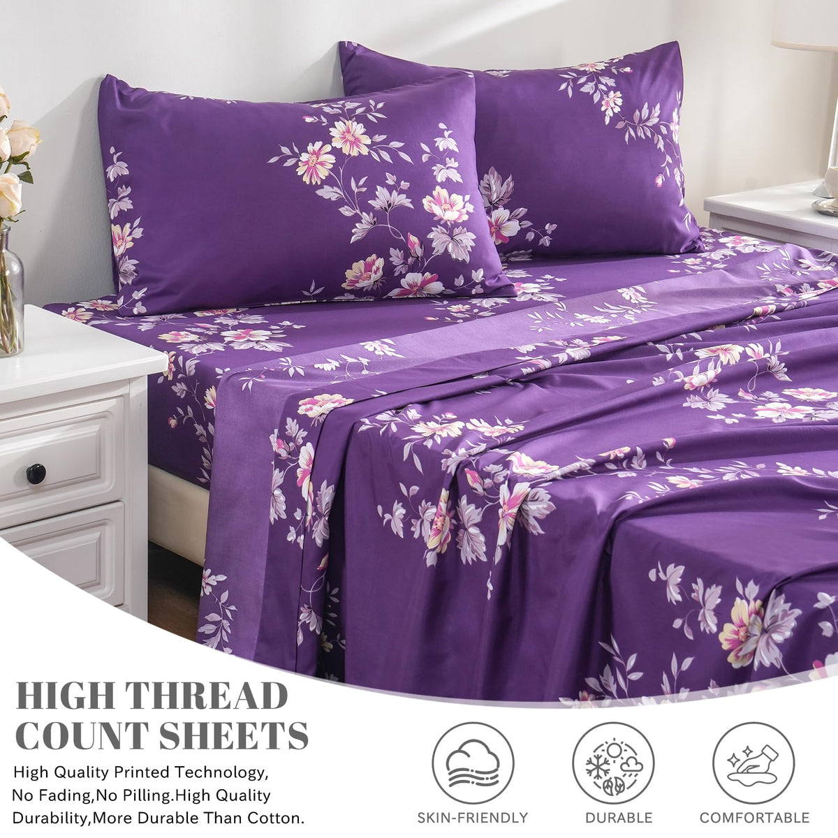 Bedlifes King Sheet Set Ultra Soft, Breathable, Silky Flower Deep Pocket 100% Microfiber Bedding, 4 Piece King Size Dark Purple Floral