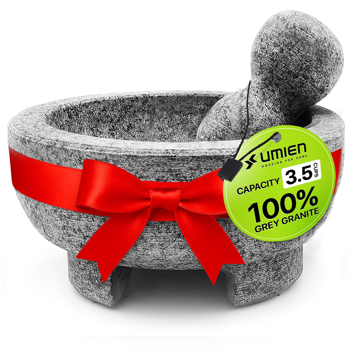 Umien Granite Mortar and Pestle Set - 8-Inch Natural Stone Molcajete with Avocado Tool - 3.5 Cup Capacity for Spices, Herbs, Pestos & Guacamole - Premium Kitchen Gift (Grey)