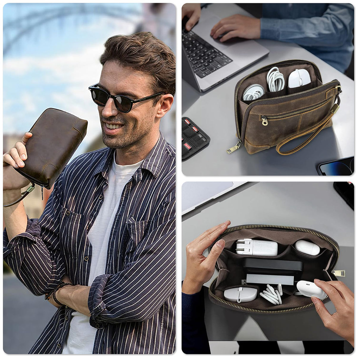 CataPurus Electronic Organizer Zipper Bag Tech Pouch, Top Grain Leather Handmade, Portable Compact Travel Storage Cases Fits Apple Accessories, Phone, USB Cables, Power Banks, Chargers, Hard Drive
