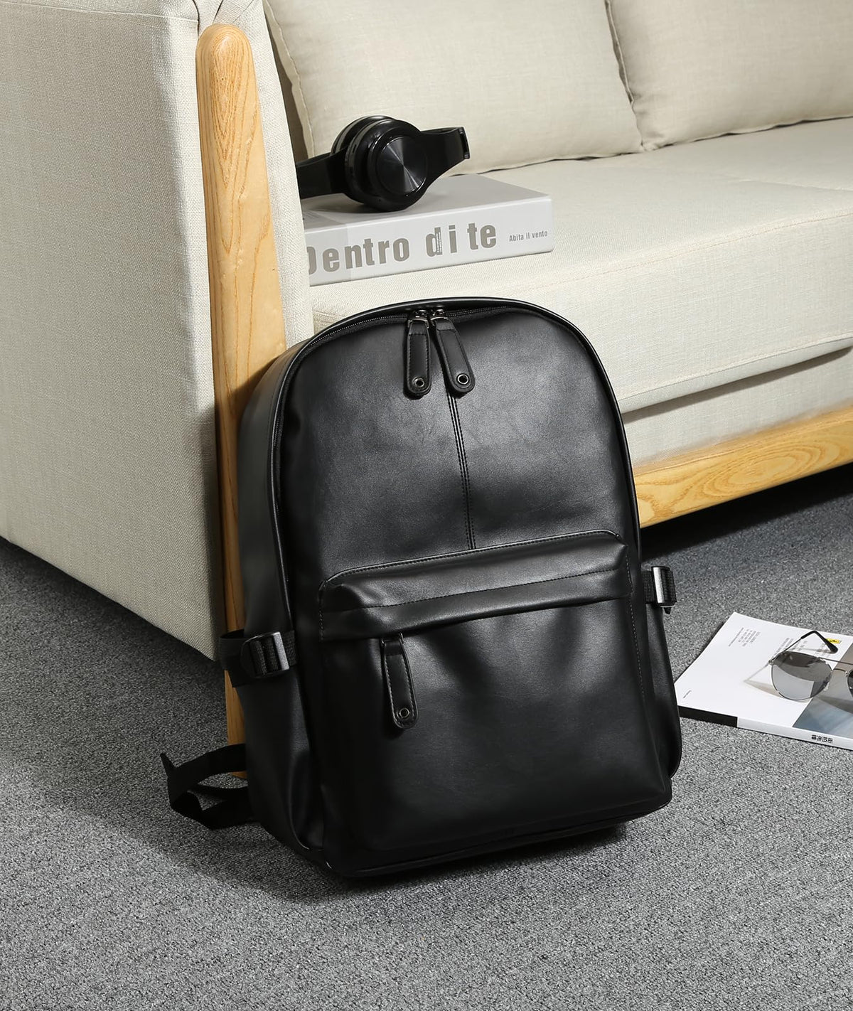 MOYYI Leather Backpack for Men Black Large Backpack Fit 15.6inch Laptop Rucksack Waterproof for business Commute Casual Daypack