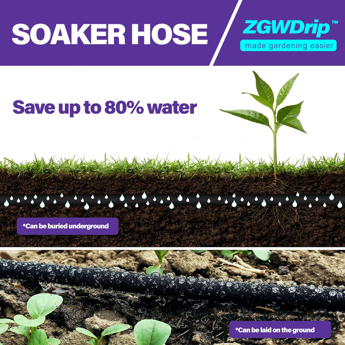 ZGWDrip 50FT 1/2" Water-Saving Soaker Hose with Solid Brass Connectors, Drip Irrigation Kit for Lawn & Yard